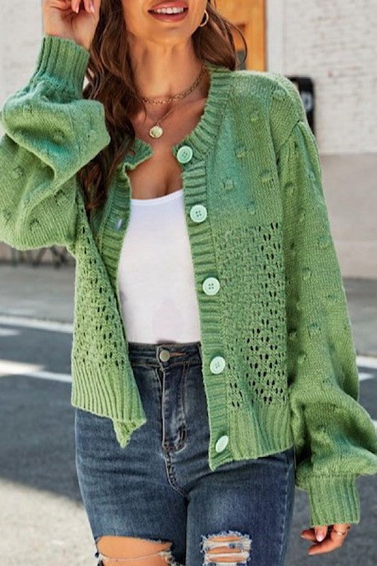 Emry Pompom Puff Sleeve Cardigan